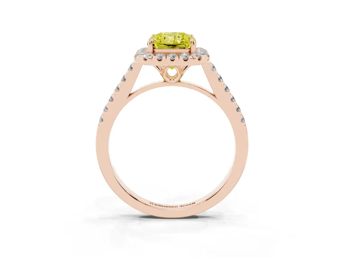 Fancy Yellow Radiant Cut Halo Pavé Diamond Engagement Ring with Four-Prong Setting Rose gold
