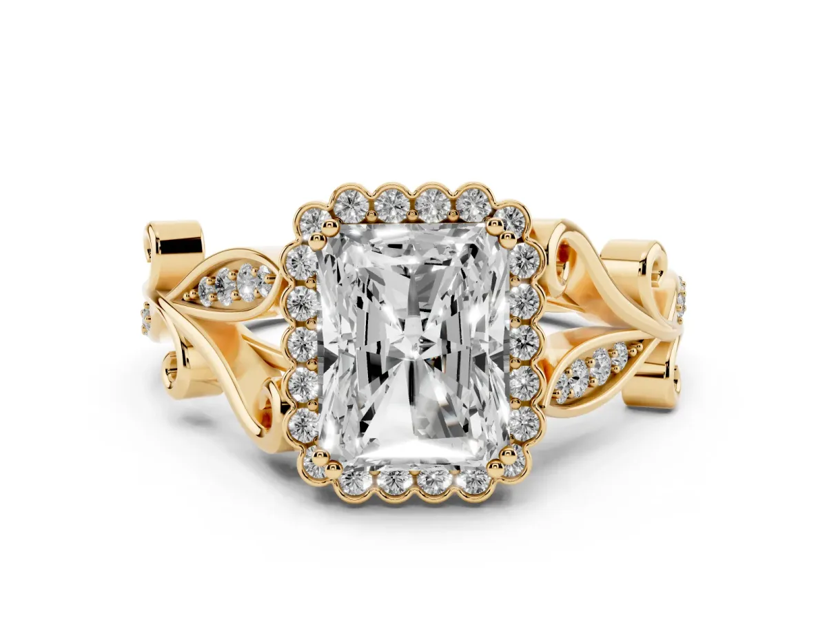 Radiant Cut Diamond Halo Ring with Vintage Split Shank and Four-Prong Setting Yellow gold