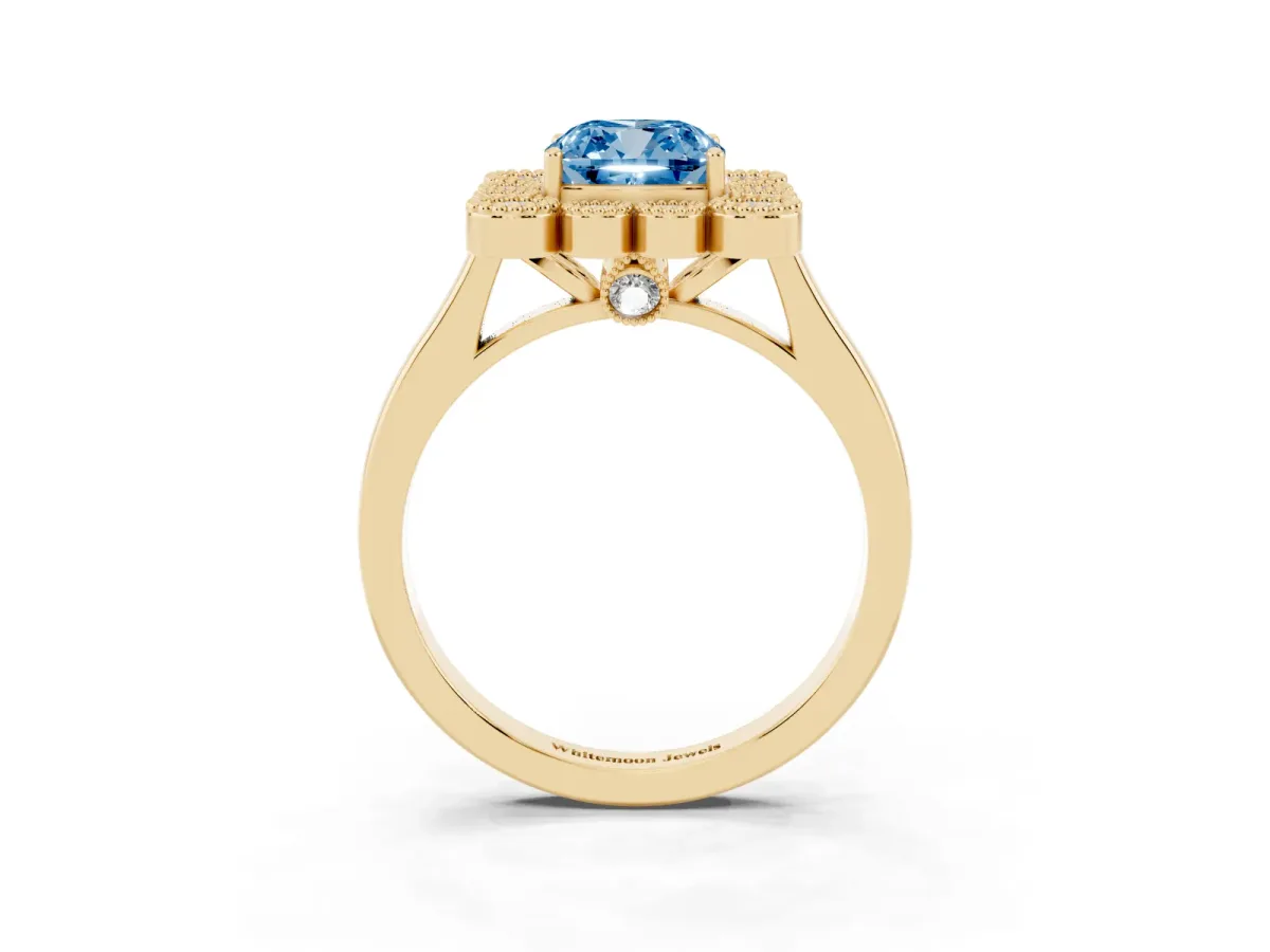Fancy Blue Cushion Cut Halo Diamond Cluster Engagement Ring with Milgrain Bezel Setting and Solitaire Band Yellow gold