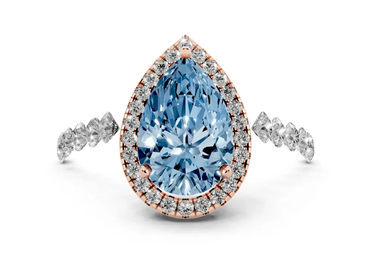 Fancy Blue Pear Cut Halo Pavé Diamond Engagement Ring with Four-Prong Setting Rose gold