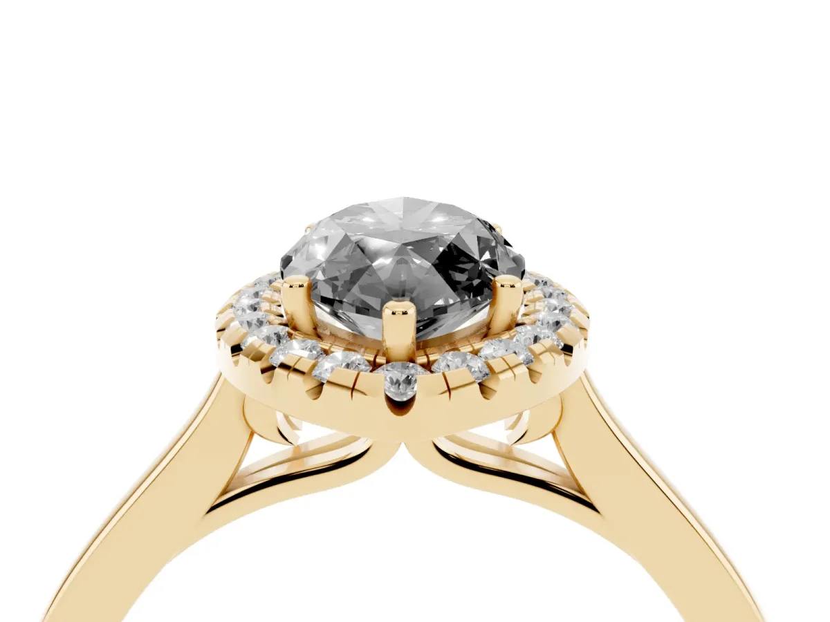 Fancy Black Marquise Cut Halo Round Diamond Solitaire Ring with Pavé Band and Four-Prong Setting Yellow gold