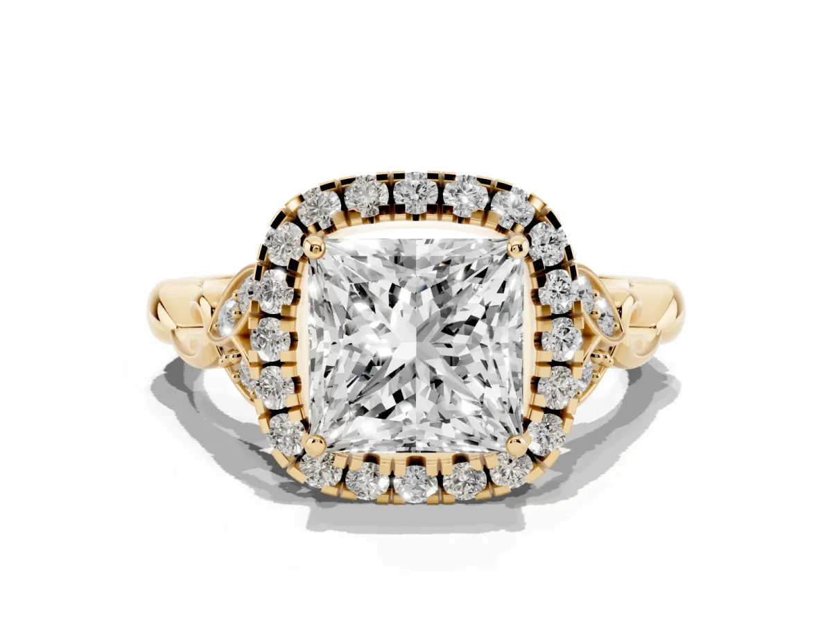 Princess Cut Halo Diamond Engagement Ring with Vintage-Inspired Band and Four-Prong Setting Yellow gold