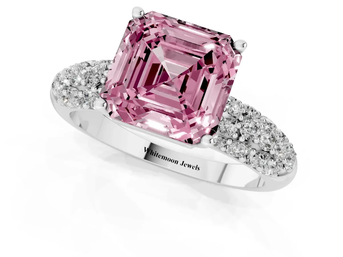 Fancy Pink Asscher Cut Diamond Pavé Band Solitaire Ring with Four-Prong Setting Platinum