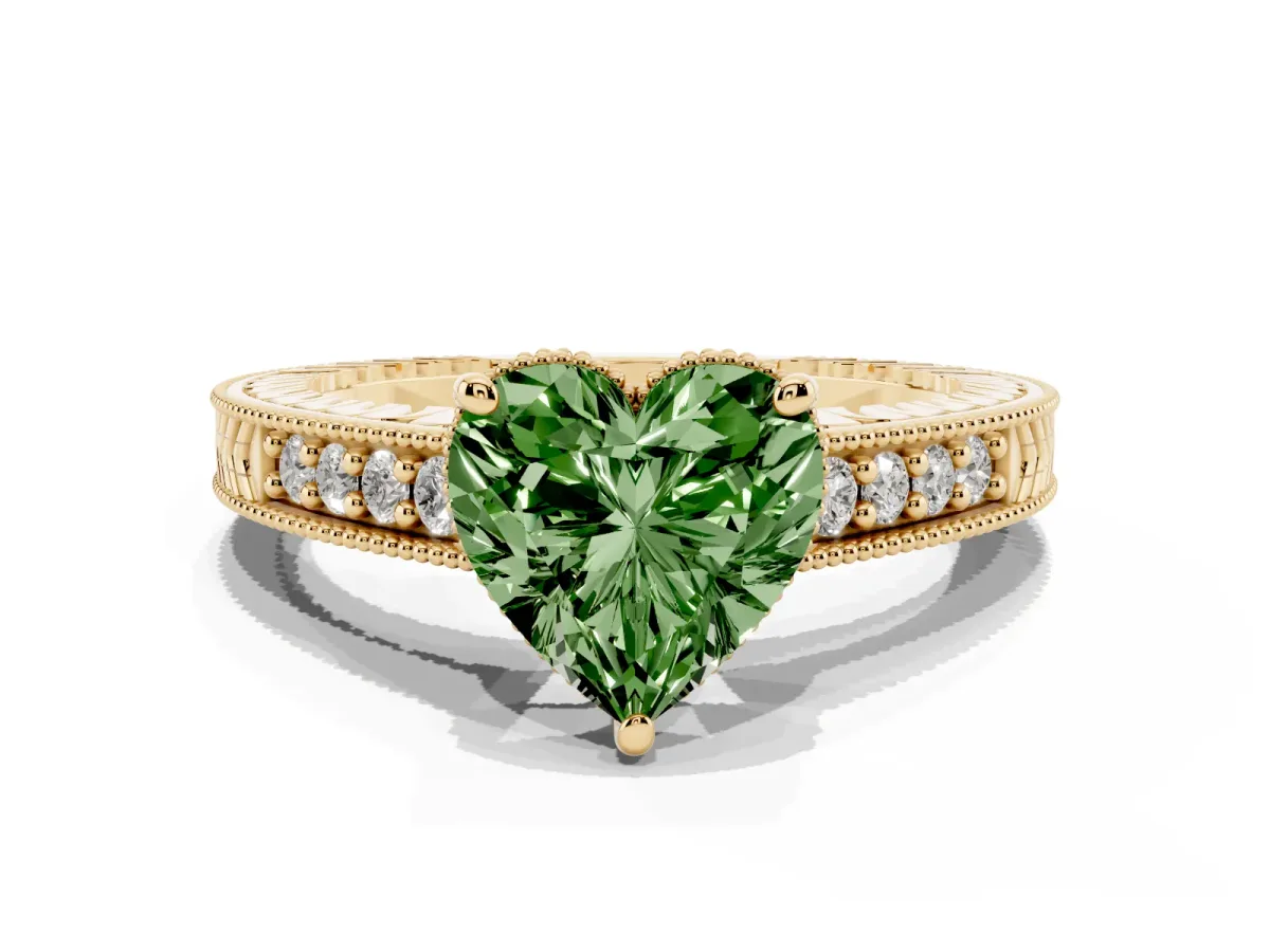 Fancy Green Heart Cut Solitaire Pavé Diamond Milgrain Engagement Ring with Four-Prong Setting Yellow gold