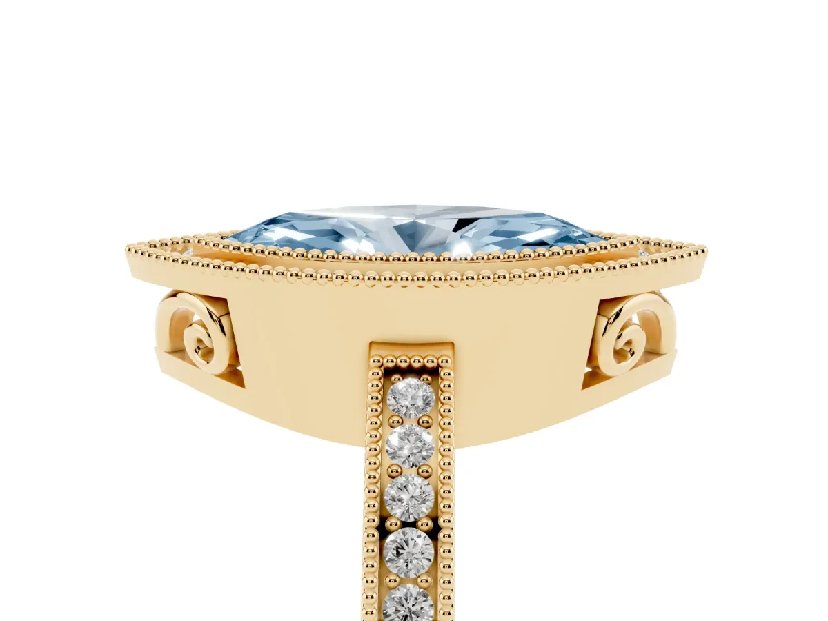 Fancy Blue Marquise Cut Cut Halo Diamond Ring with Pavé Band and Milgrain Prong Setting Yellow gold