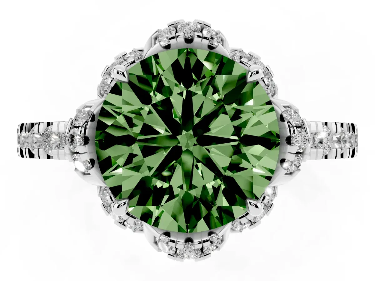 Fancy Green Round Cut Halo Diamond Pave Band Ring with Four-Prong Setting Silver