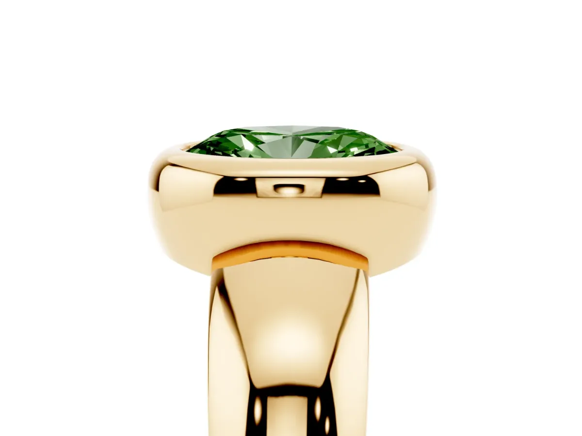 Fancy Green Bezel Set Oval Cut Solitaire Ring with Wide Band Yellow gold