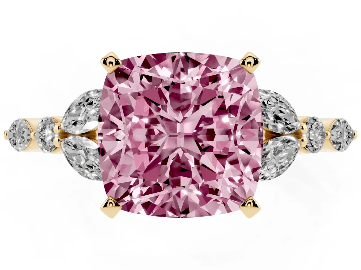 Fancy Pink Cushion Cut Diamond Solitaire Ring with Side Stones and Four-Prong Setting Yellow gold