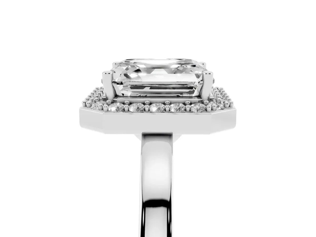 Asscher Cut Halo Diamond Ring with Solitaire Band and Prong Setting Silver