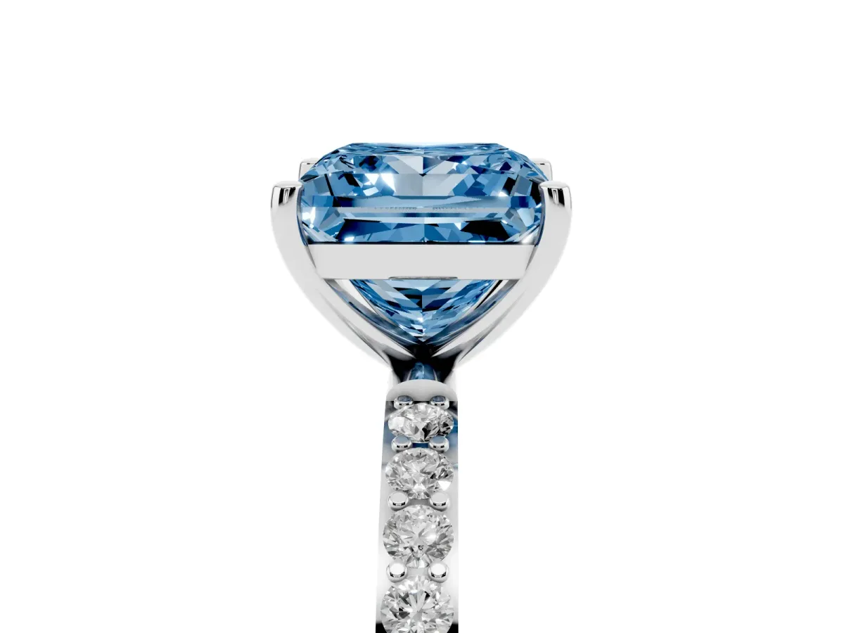 Fancy Blue Princess Cut Diamond Solitaire Ring with Round Pavé Shoulders and Prong Setting Silver