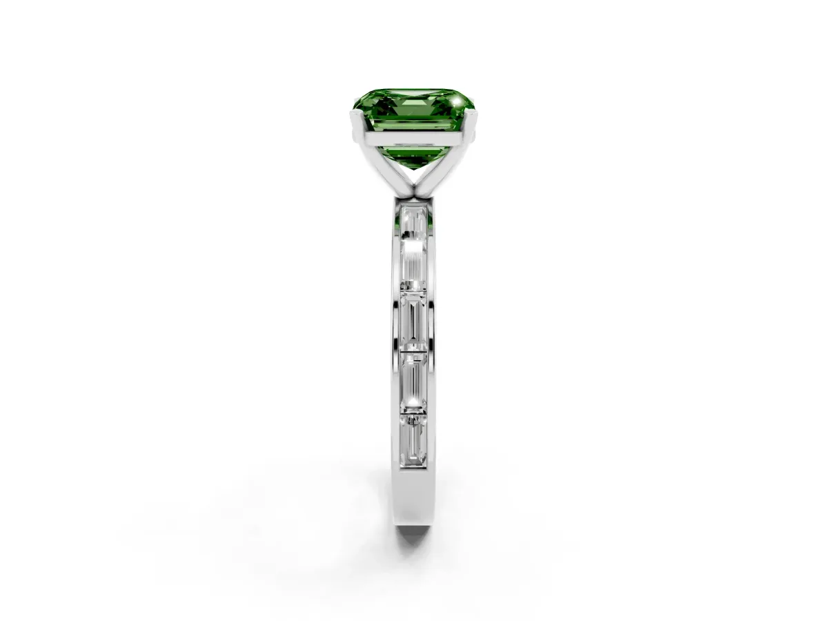 Fancy Green Asscher Cut Solitaire Diamond Ring with Channel-Set Baguette Band and Four-Prong Setting Platinum