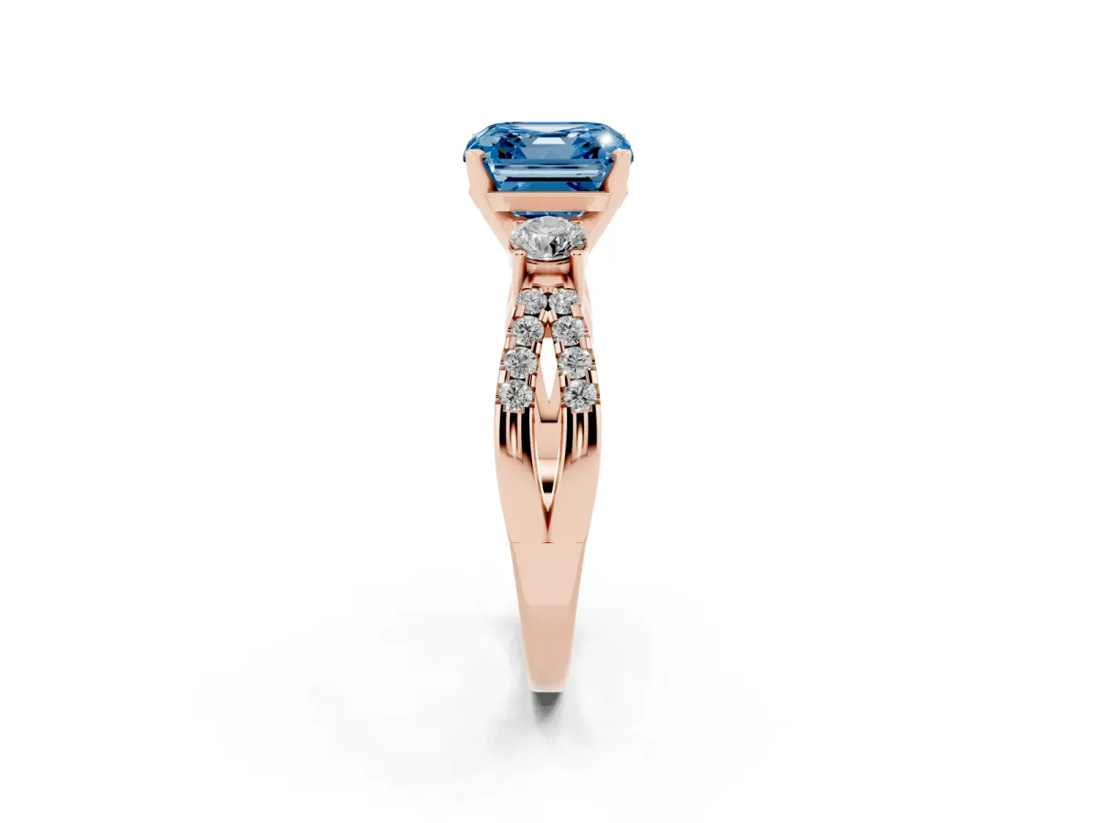 Fancy Blue Asscher Cut Diamond Three-Stone Ring with Pavé Split Shank and Four-Prong Setting Rose gold