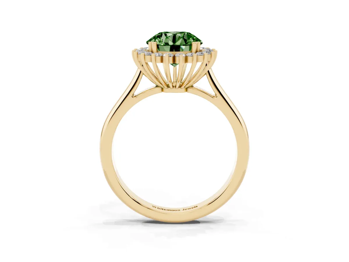 Fancy Green Round Cut Cut Diamond Halo Ring with Solitaire Band and Prong Setting Yellow gold