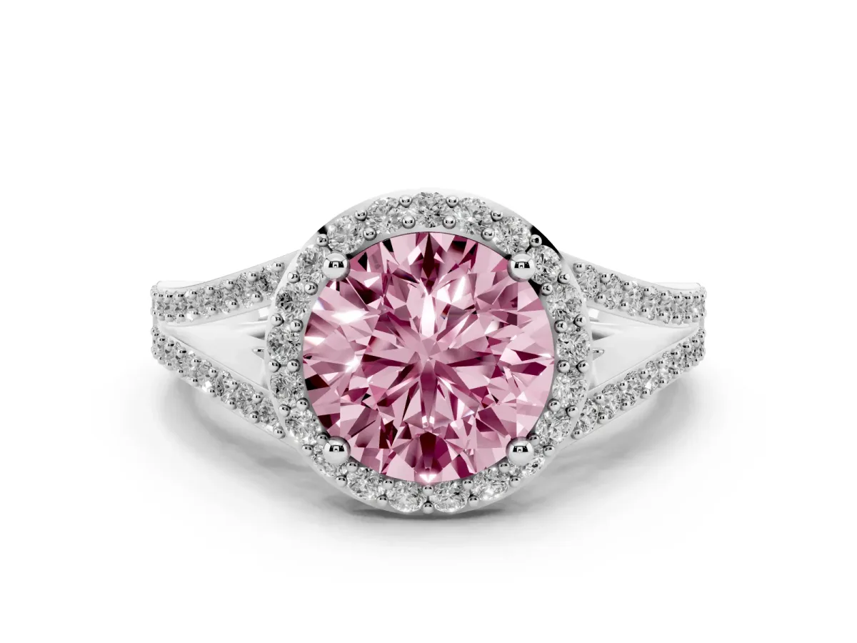Fancy Pink Round Cut Halo Split Shank Pave Diamond Ring with Four-Prong Setting Silver