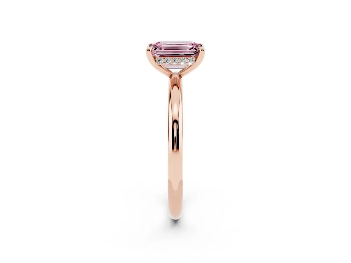 Fancy Pink Emerald Cut Diamond Solitaire Ring with Thin Band and Four-Prong Setting Rose gold