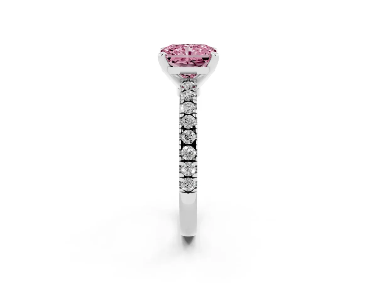 Fancy Pink Radiant Cut Solitaire Diamond with Pavé Band and Four-Prong Setting White gold