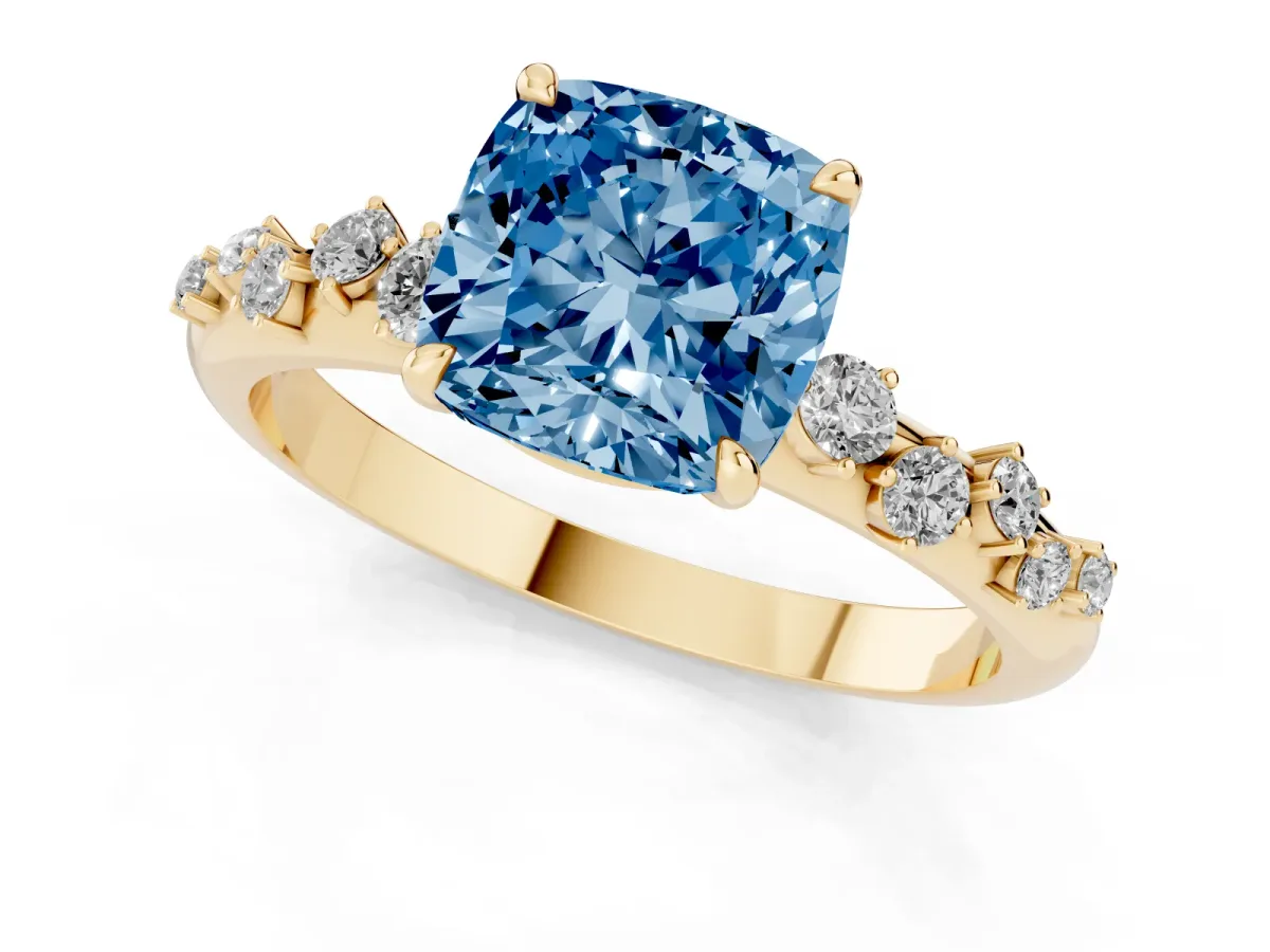 Fancy Blue Cushion Cut Diamond Cluster Prong-Set Solitaire Ring Yellow gold