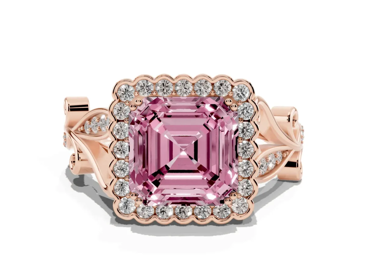 Fancy Pink Asscher Cut Diamond Halo Ring with Vintage Split Shank and Four-Prong Setting Rose gold