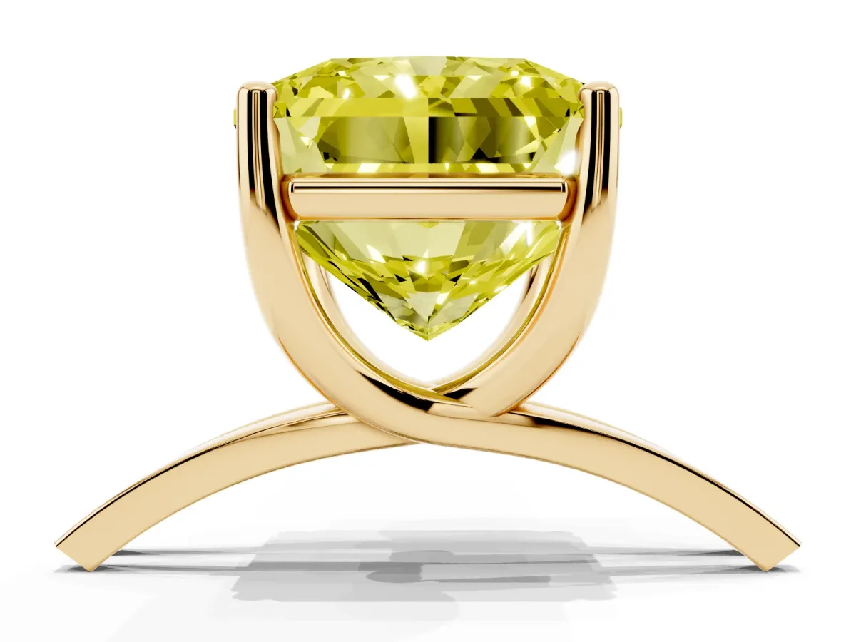 Fancy Yellow Radiant Cut Cut Diamond Solitaire Engagement Ring with Tapered Plain Band and Four-Prong Setting Yellow gold