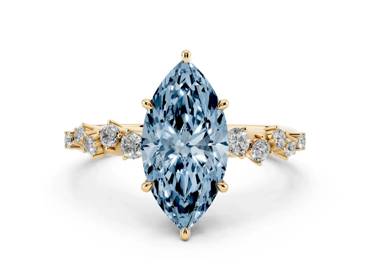 Fancy Blue Marquise Cut Diamond Cluster Side Stone Solitaire Ring with Prong Setting Yellow gold