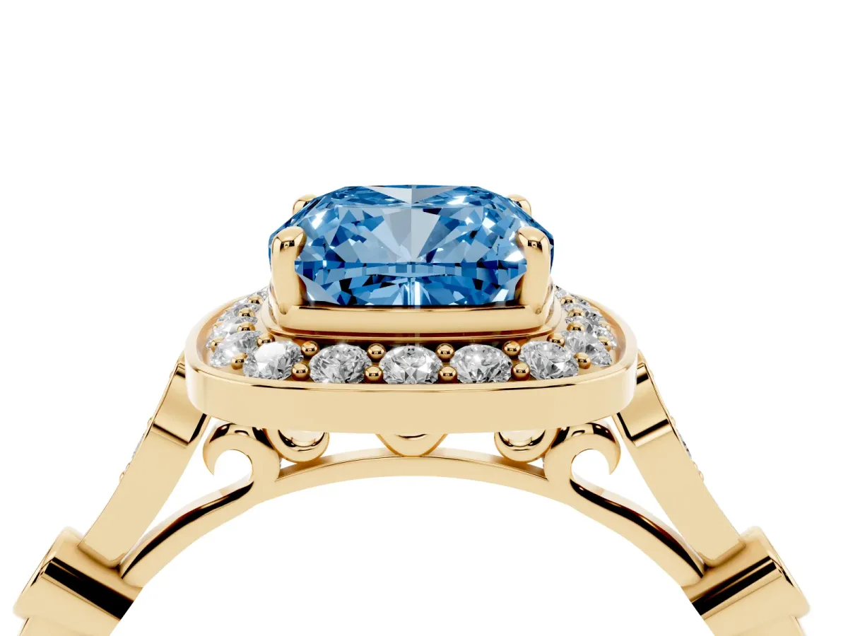 Fancy Blue Cushion Cut Halo Diamond Engagement Ring with Twisted Band and Four-Prong Setting Yellow gold