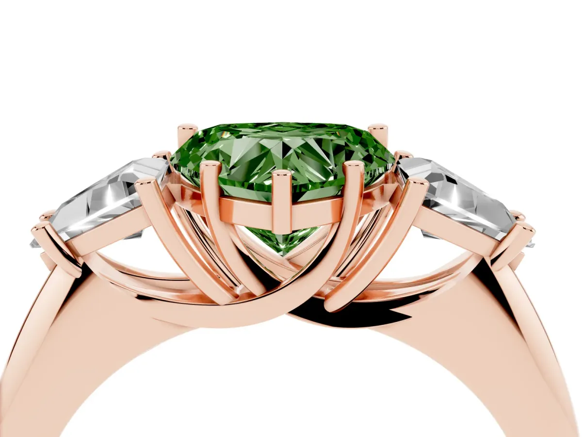 Fancy Green Three-Stone Heart Cut Diamond Engagement Ring with Trillion Side Stones and Prong Setting Rose gold