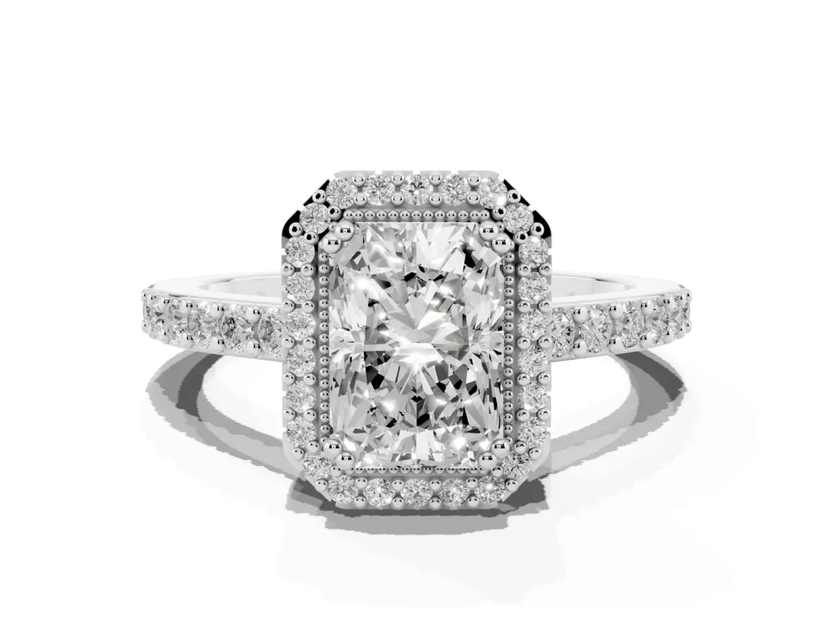 Radiant Cut Cut Diamond Halo Engagement Ring with Milgrain Detail and Pavé Band Silver