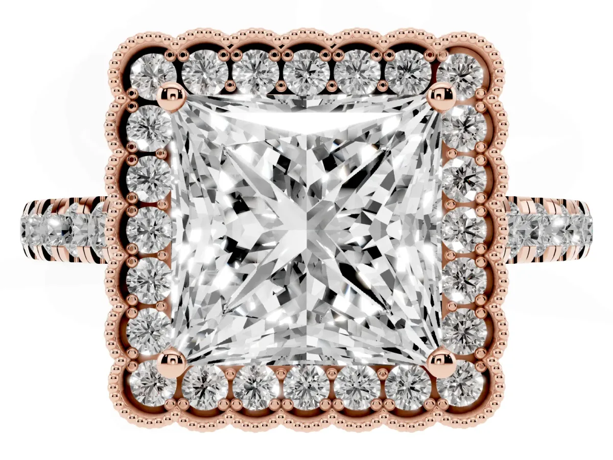 Princess Cut Cut Diamond Milgrain Floral Halo Engagement Ring with Pavé Band Rose gold