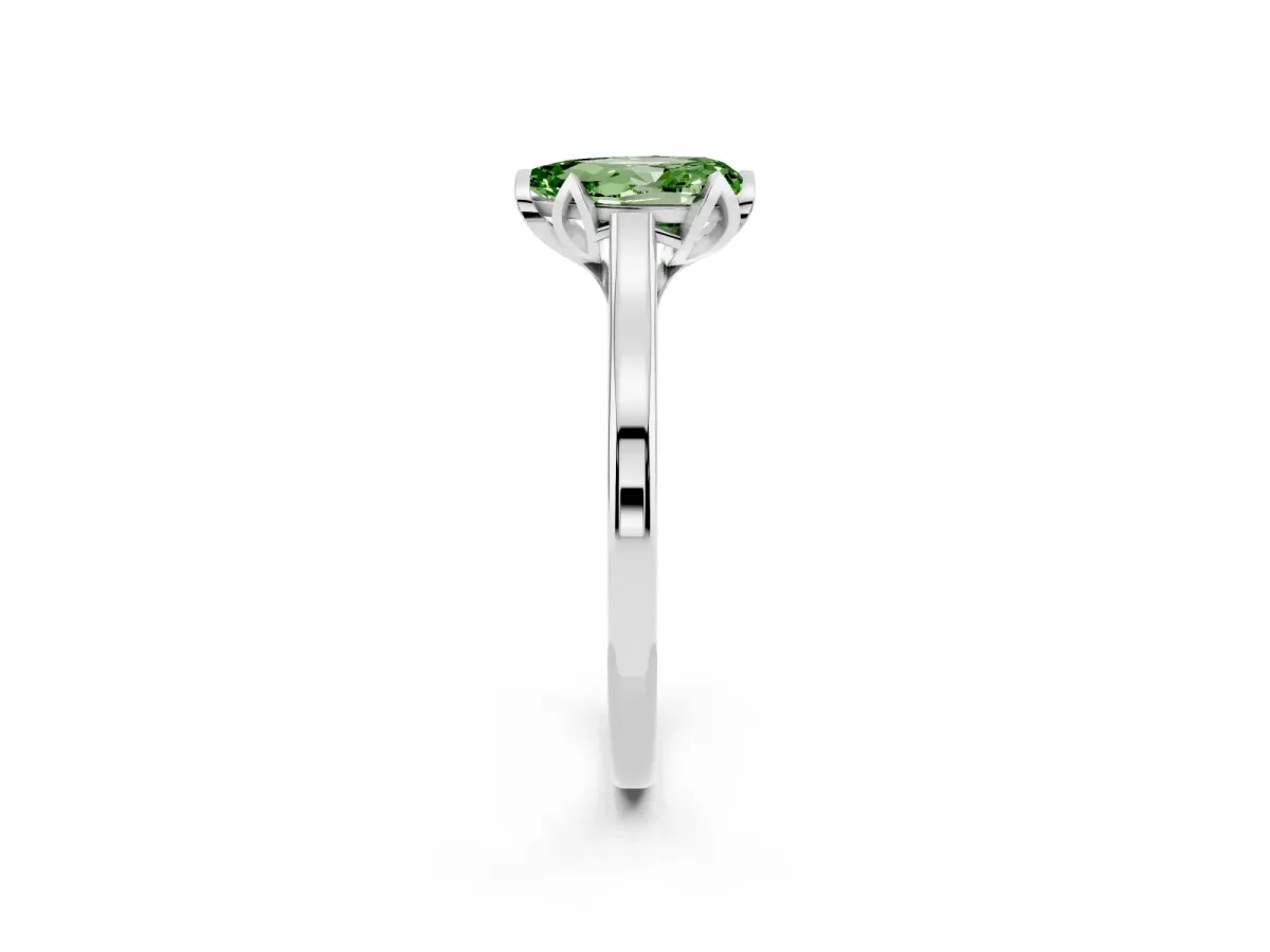 Fancy Green Pear Cut Diamond Solitaire Ring with Flower Prong Setting and Classic Band Silver