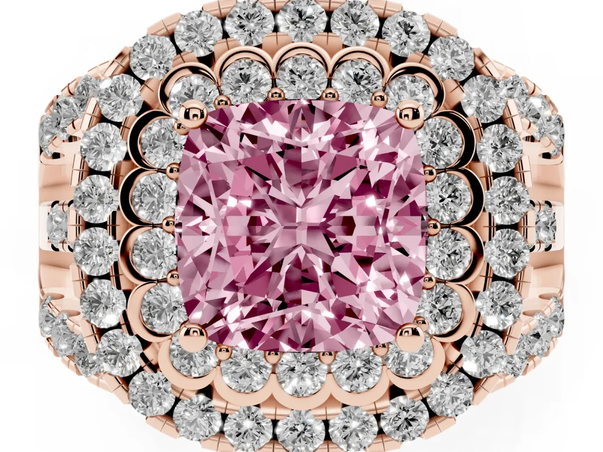 Fancy Pink Cushion Cut Diamond Double Halo Ring with Round Pavé Split Shank and Prong Setting Rose gold