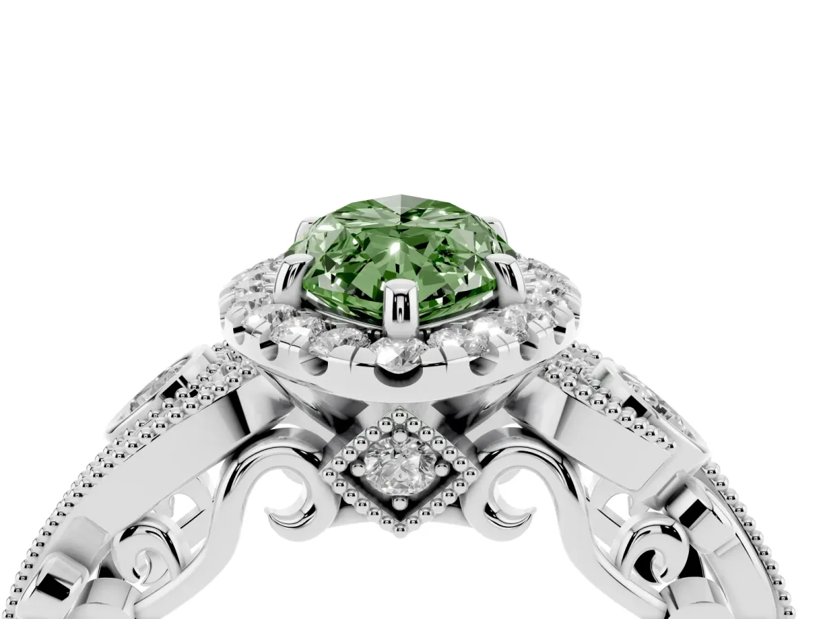 Fancy Green Marquise Cut Halo Diamond Ring with Milgrain and Bezel Accents on a Split Shank Band White gold