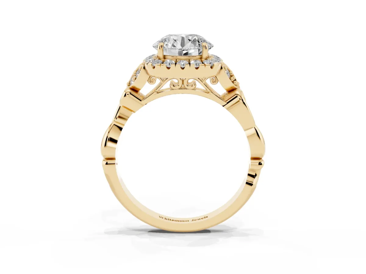 Round Cut Halo Diamond Engagement Ring with Vintage-Inspired Band and Four-Prong Setting Yellow gold