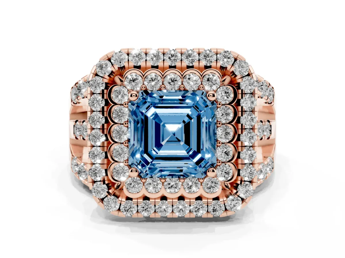 Fancy Blue Asscher Cut Diamond Double Halo Ring with Round Pavé Split Shank and Prong Setting Rose gold