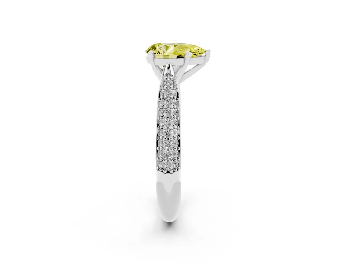Fancy Yellow Pear Cut Diamond Solitaire Engagement Ring with Multi-Row Round Pavé Band and Prong Setting Silver