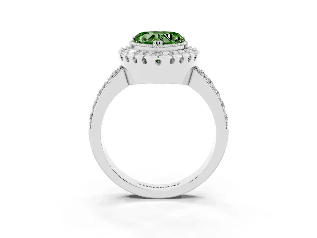 Fancy Green Heart Cut Diamond Halo Ring with Pavé Band and Prong Setting Platinum