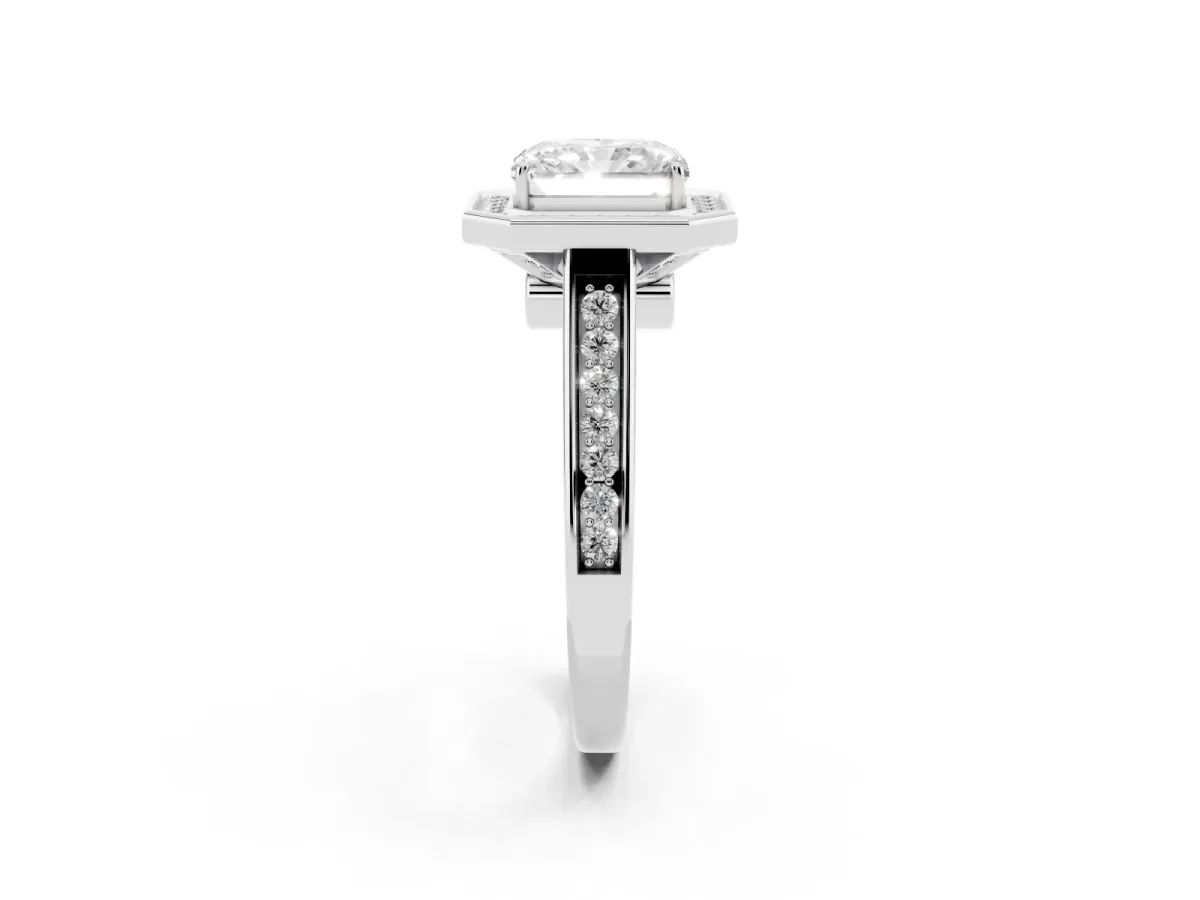 Emerald Cut Halo Solitaire Diamond Ring with Pave Band and Bezel Setting Silver
