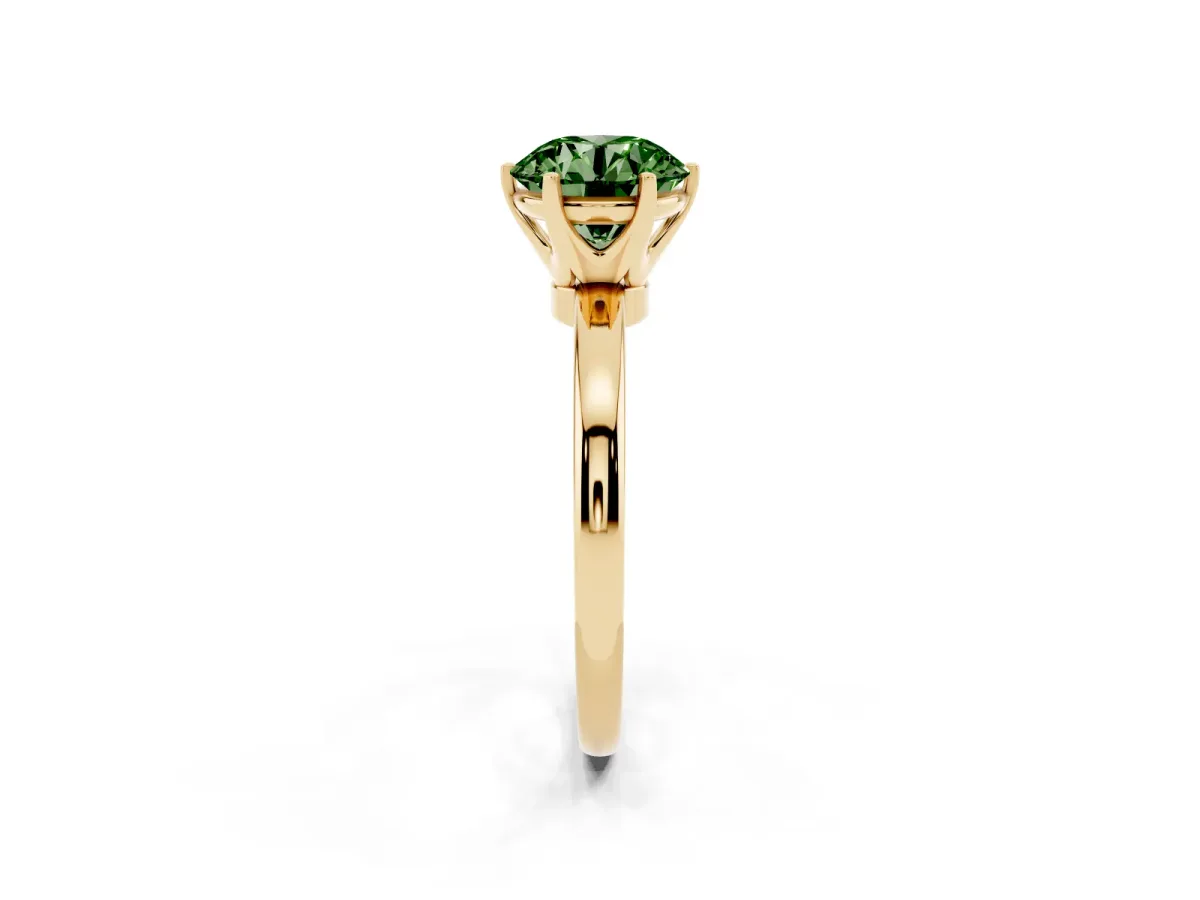 Fancy Green Round Cut Solitaire Diamond Ring with Six-Prong Setting on a Classic Band Yellow gold