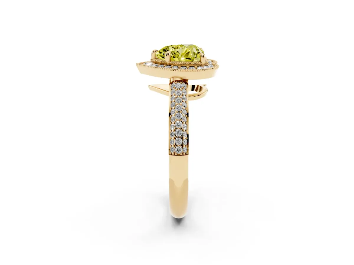 Fancy Yellow Heart Cut Cut Halo Diamond Pave Band with Four-Prong Setting Yellow gold