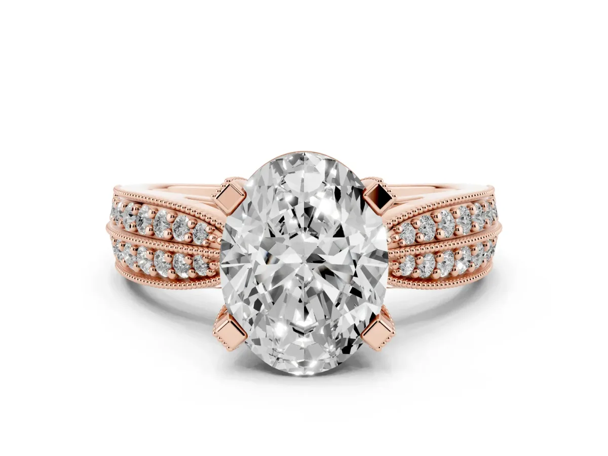 Oval Cut Diamond Solitaire Ring with Milgrain Round Pavé Band and Prong Setting Rose gold