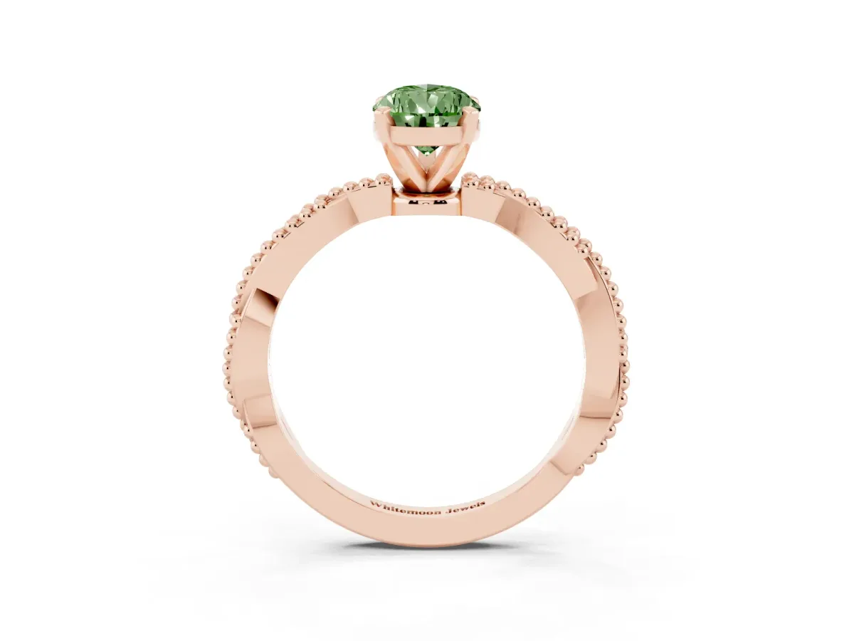 Fancy Green Pear Cut Solitaire Twisted Band with Bead Prong Setting Rose gold