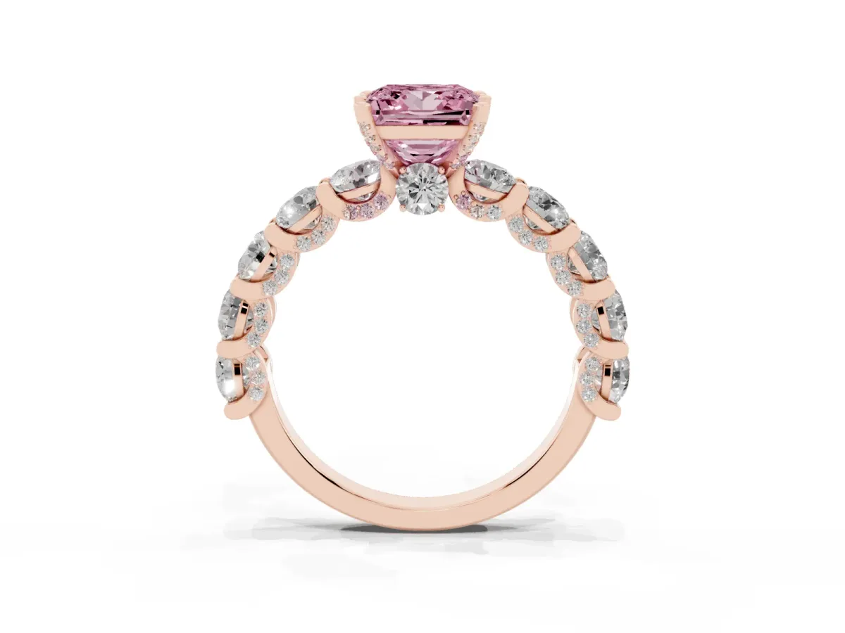 Fancy Pink Princess Cut Diamond Side Stone Engagement Ring with Four-Prong Setting Rose gold