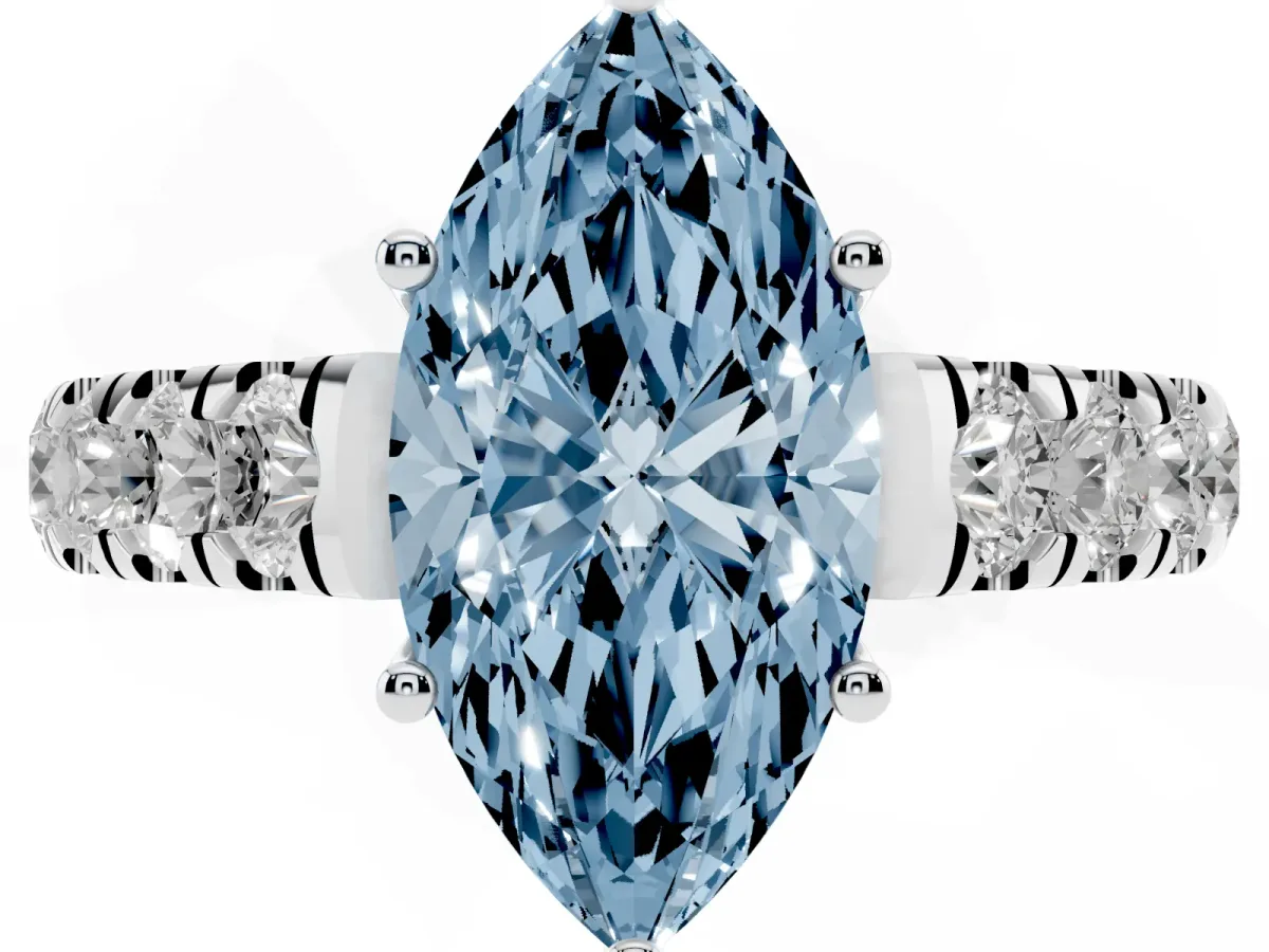 Fancy Blue Marquise Cut Cut Diamond Solitaire Ring with Micro Pave Band and Prong Setting Silver