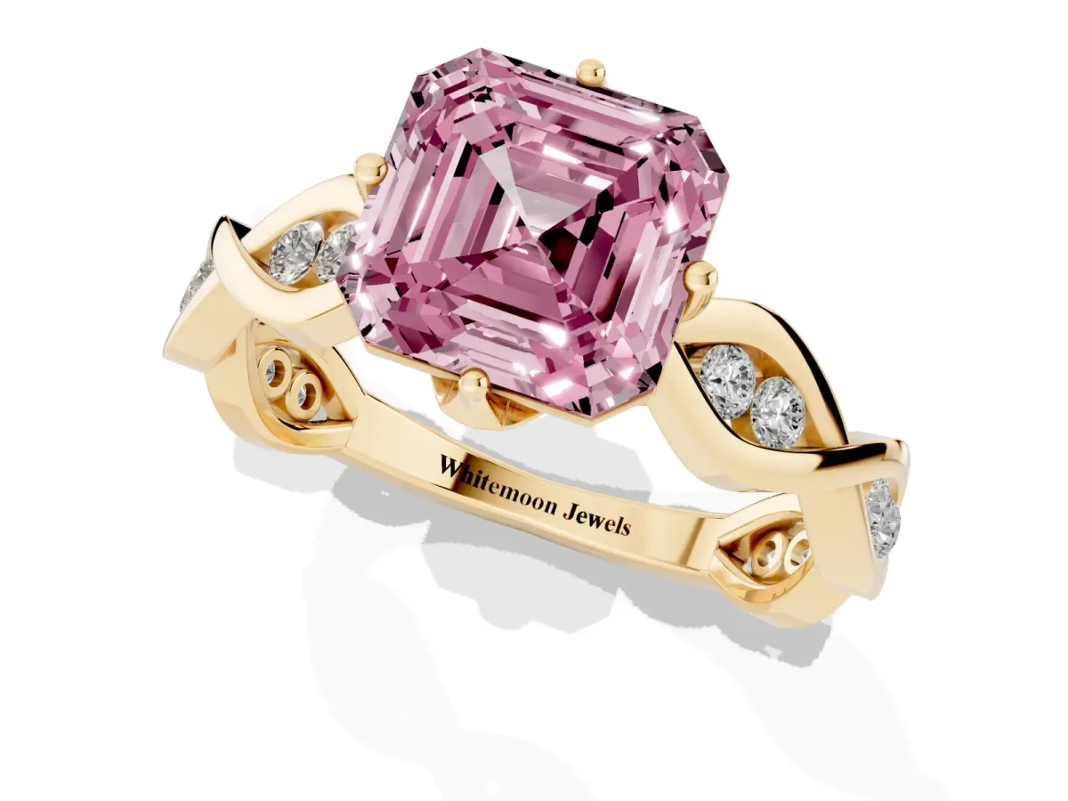 Fancy Pink Asscher Cut Solitaire Twist Band with Leaf Prong Setting Yellow gold