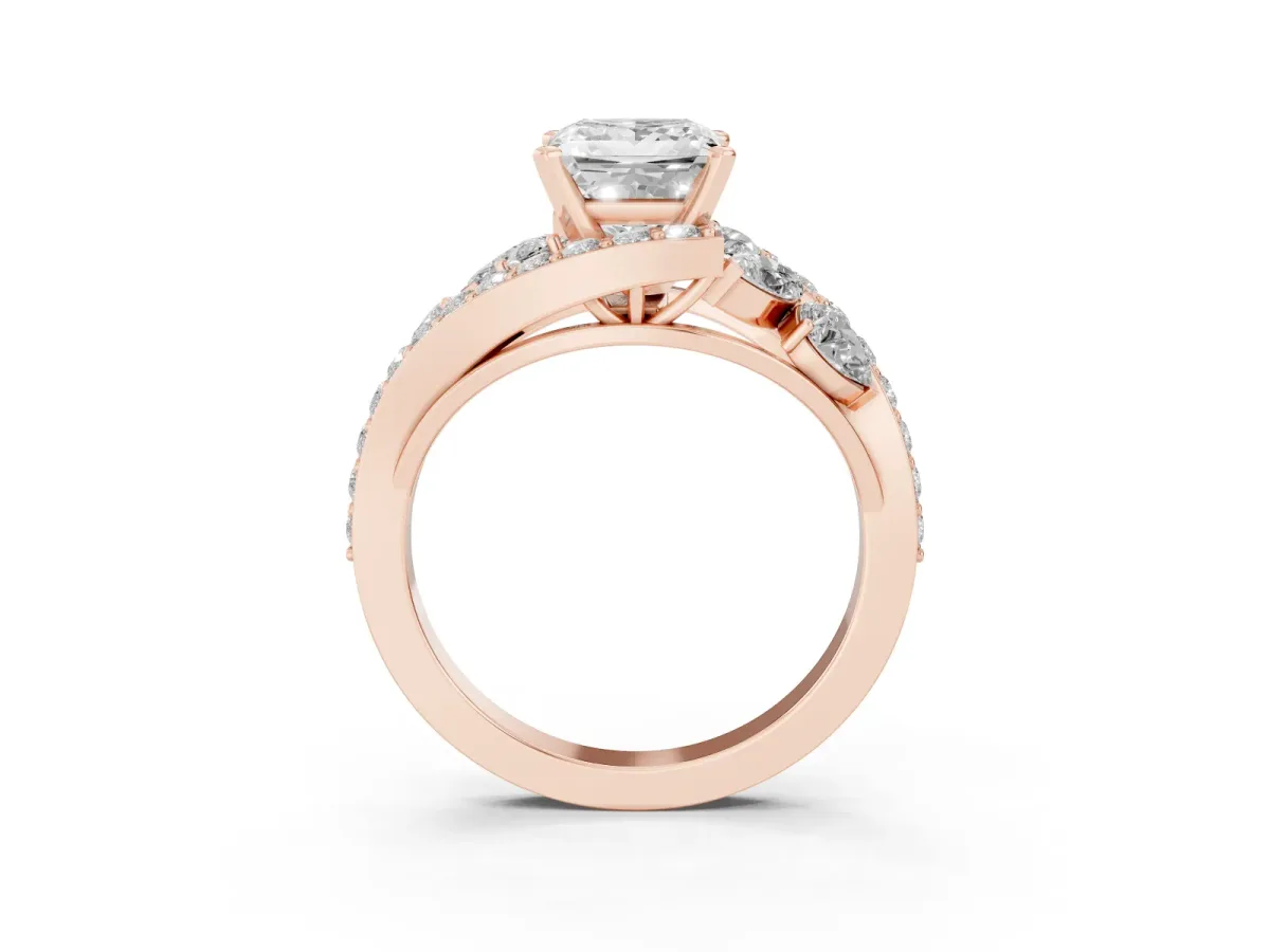 Princess Cut Diamond Halo Ring with Marquise and Pavé Band in Prong Setting Rose gold