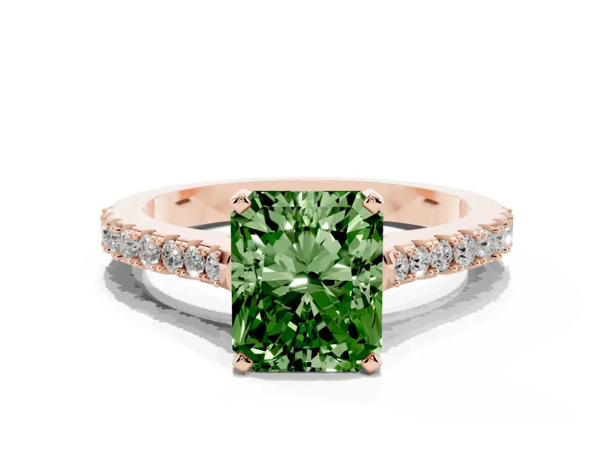 Fancy Green Radiant Cut Cut Solitaire Diamond Engagement Ring with Pave Band and Four-Prong Setting Rose gold