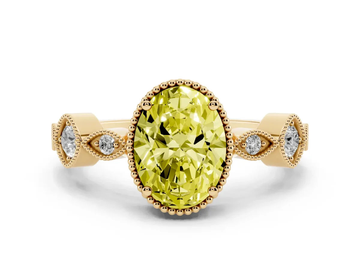 Fancy Yellow Oval Cut Diamond Vintage Milgrain Ring with Round Stations Yellow gold