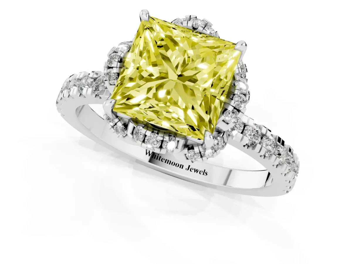Fancy Yellow Princess Cut Diamond Halo Pave Band with Four-Prong Setting Silver
