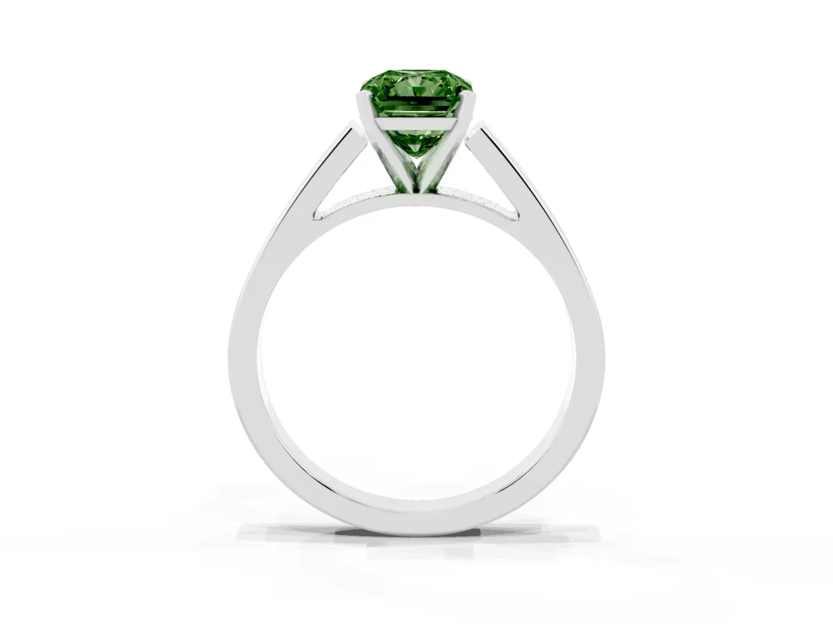 Fancy Green Radiant Cut Solitaire Engagement Ring with Four-Prong Setting and Tapered Band Platinum