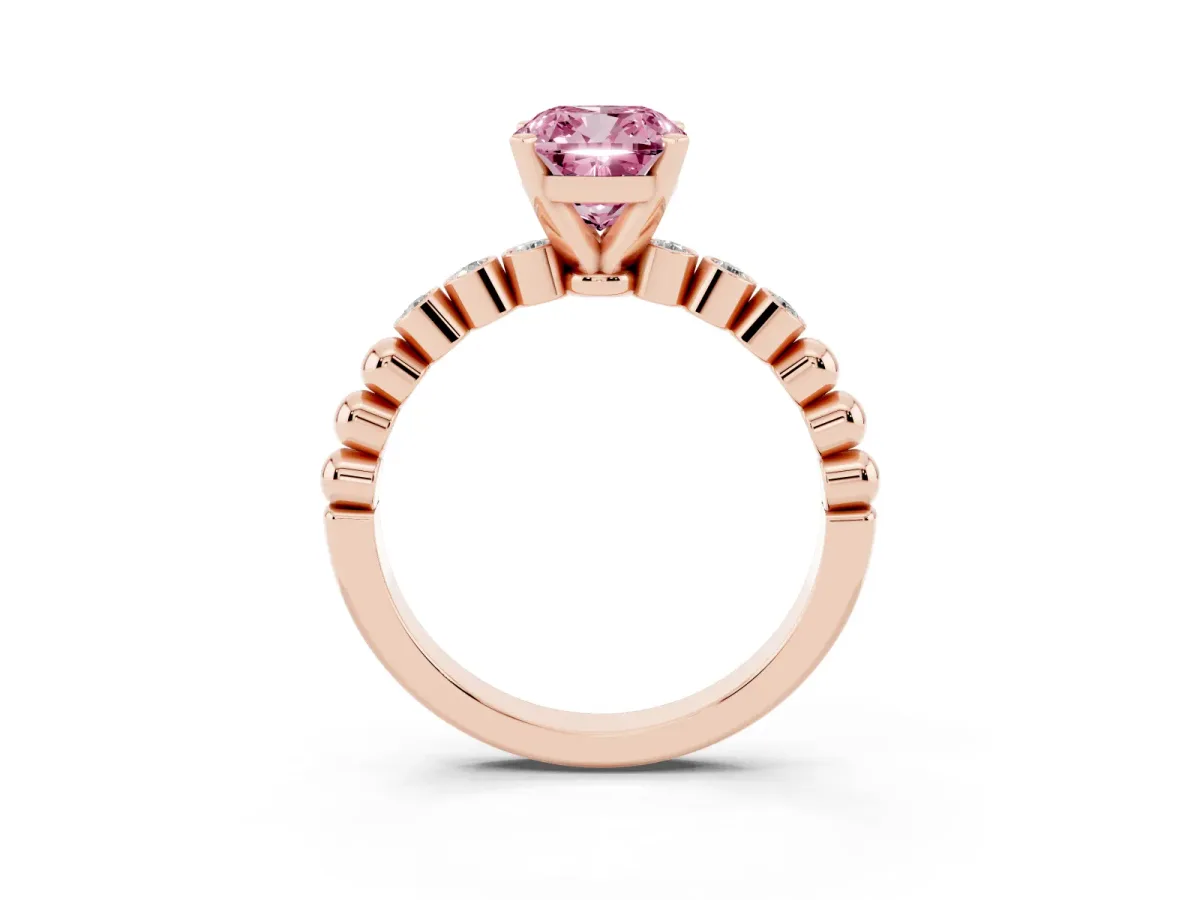 Fancy Pink Cushion Cut Solitaire Bezel Accent Diamond Engagement Ring with Beaded Band and Four-Prong Setting Rose gold