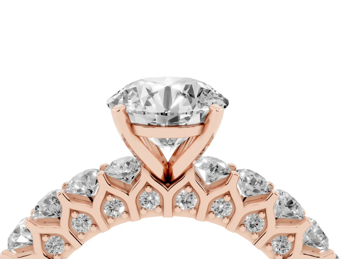 Round Cut Diamond Solitaire Ring with Shared Prong Pavé Band and Four-Prong Setting Rose gold